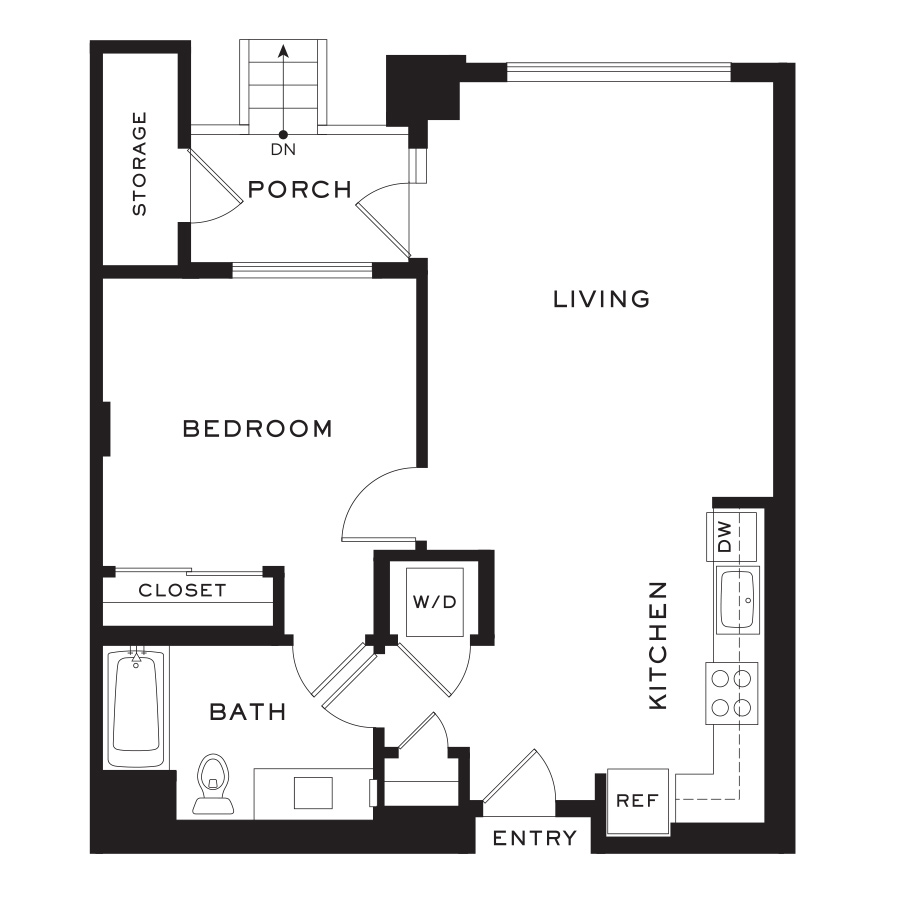 Rendering of the Plan 1D floor plan with 1 bedroom[s] and 1 bathroom[s] at Cityline Flats