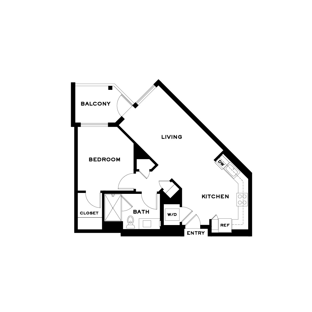 Rendering of the Plan 1A floor plan with 1 bedroom[s] and 1 bathroom[s] at Cityline Flats