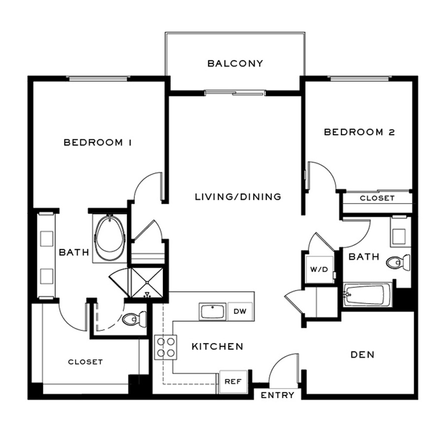 Rendering of the Plan C + Den floor plan with 2 bedroom[s] and 2 bathroom[s] at Cityline Flats