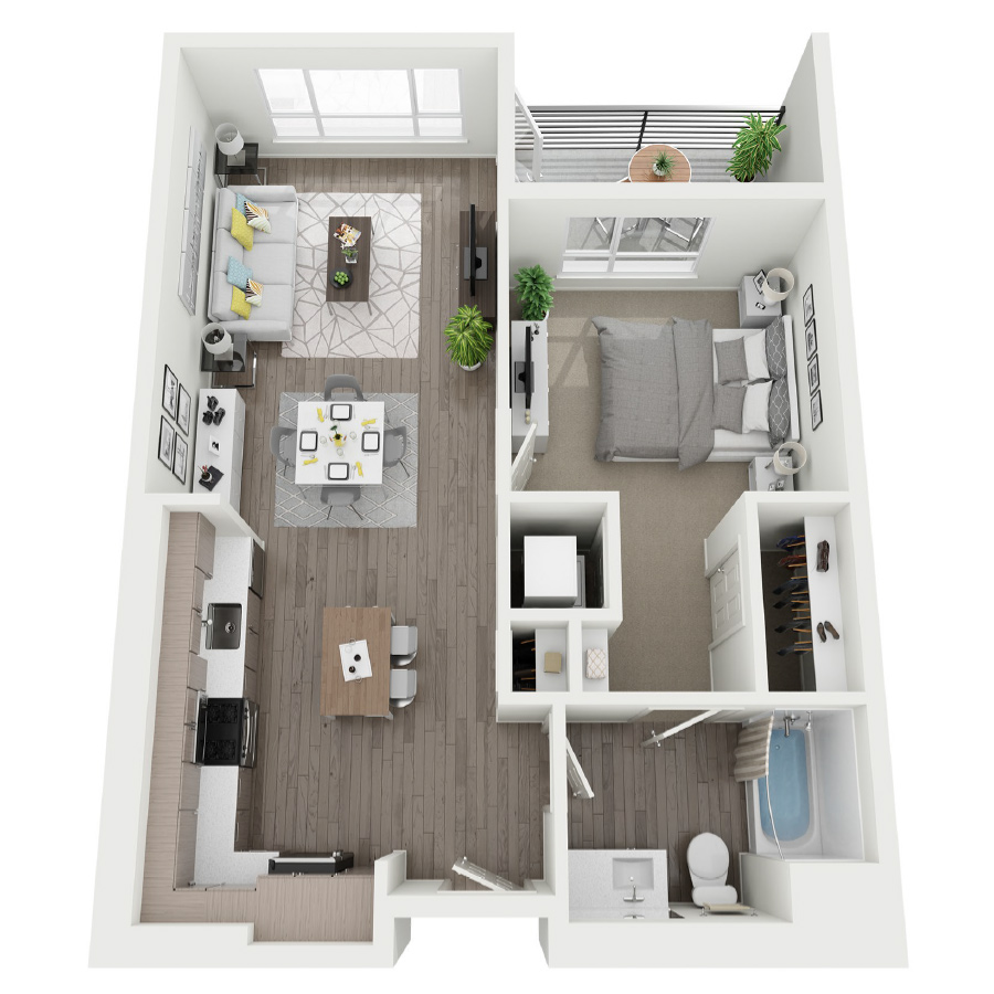 Rendering of the Plan 1B floor plan with 1 bedroom[s] and 1 bathroom[s] at Cityline Flats