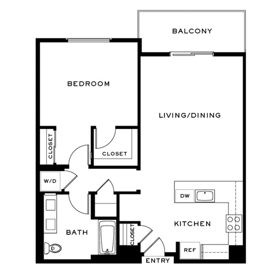 Rendering of the Plan A floor plan with 1 bedroom[s] and 1 bathroom[s] at Cityline Flats