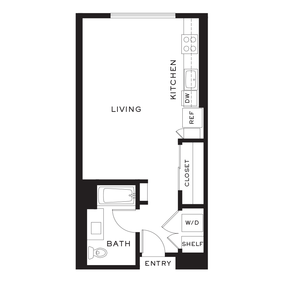 Rendering of the Plan S floor plan with a Studio bedroom and 1 bathroom[s] at Cityline Flats