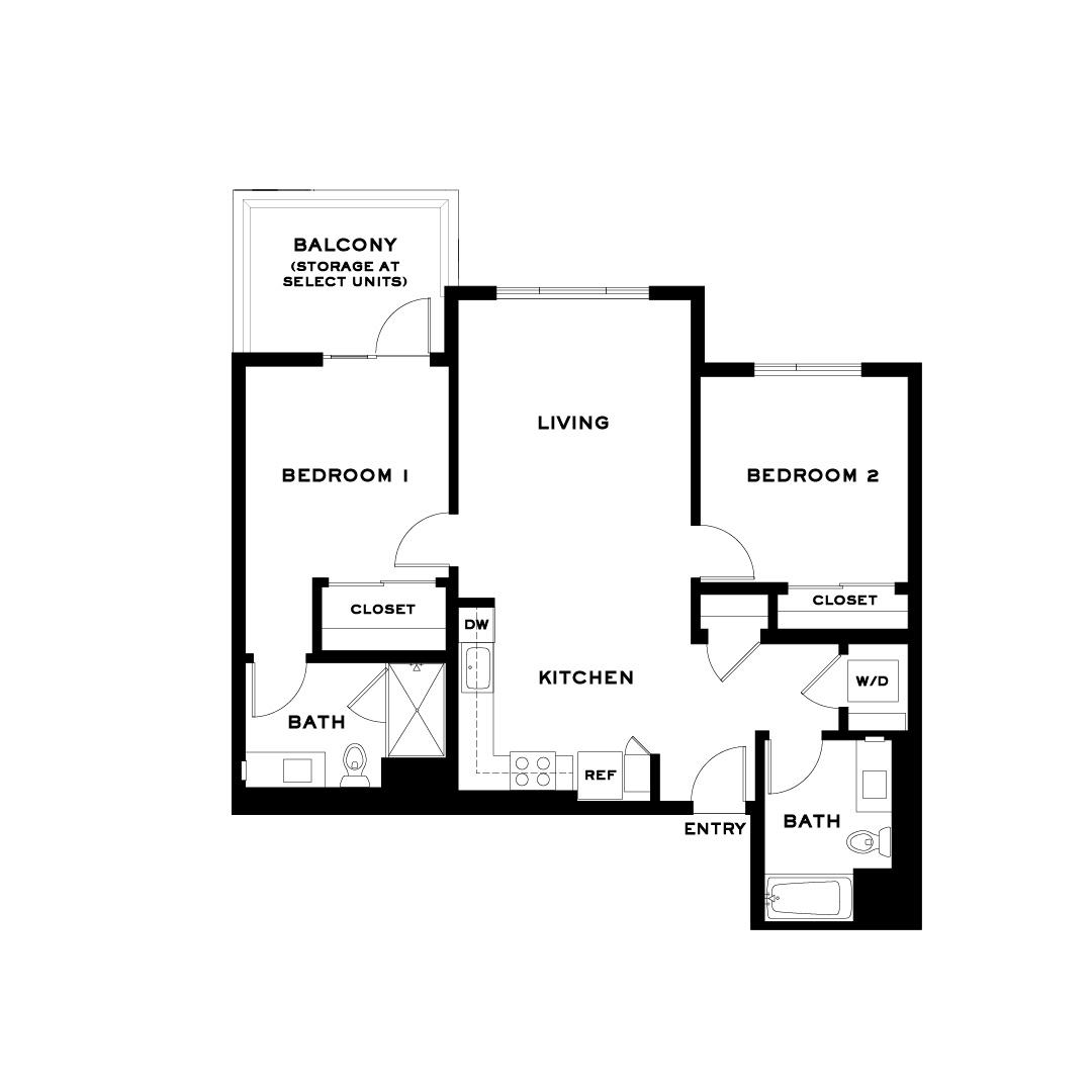 Rendering of the Plan 2AB floor plan with 2 bedroom[s] and 2 bathroom[s] at Cityline Flats