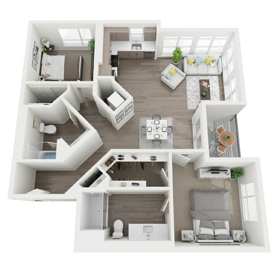 Rendering of the Plan 2C floor plan with 2 bedroom[s] and 2 bathroom[s] at Cityline Flats