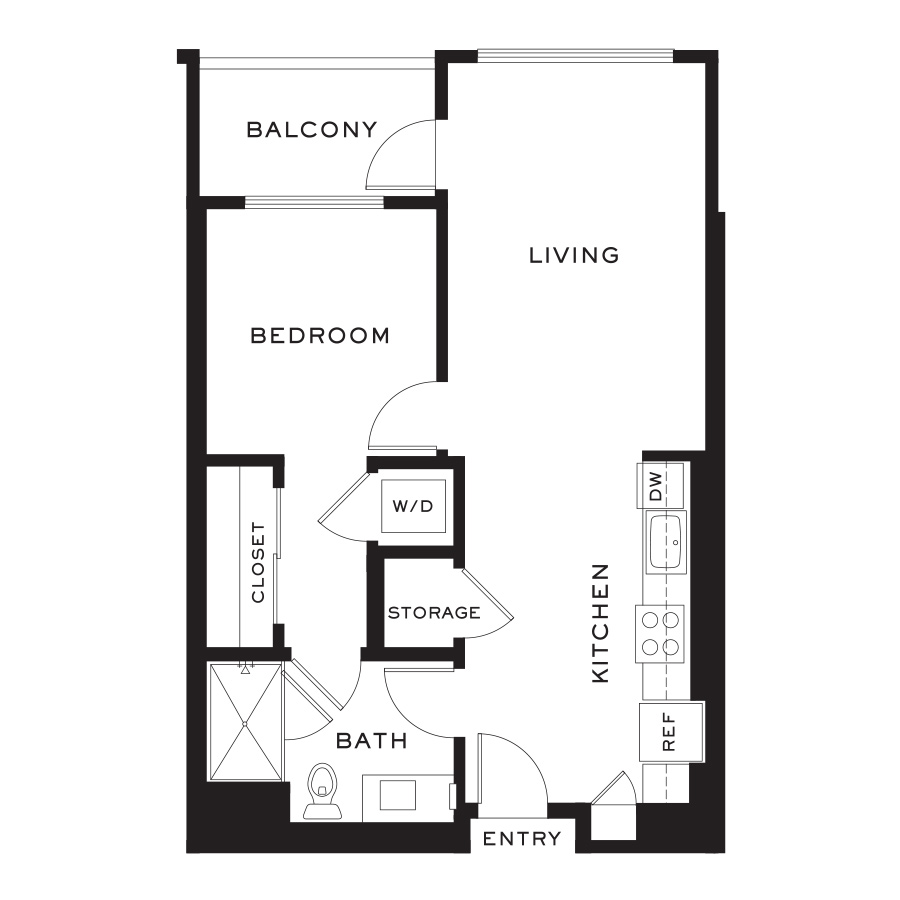 Rendering of the Plan J floor plan with 1 bedroom[s] and 1 bathroom[s] at Cityline Flats