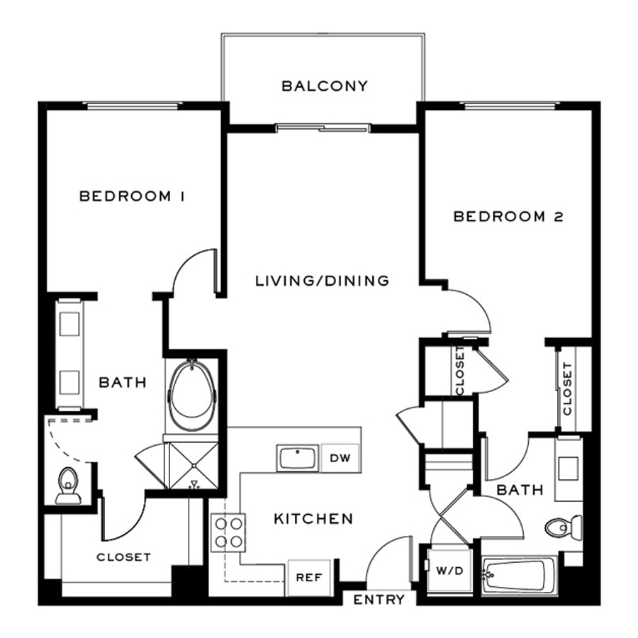 Rendering of the Plan B floor plan with 2 bedroom[s] and 2 bathroom[s] at Cityline Flats